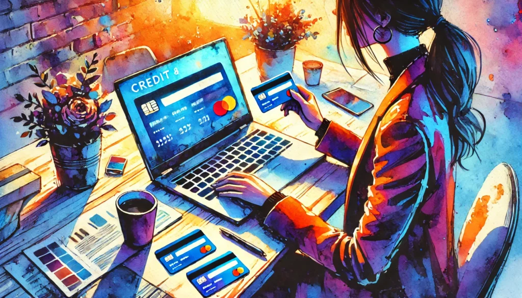 A vibrant watercolor illustration in attention-grabbing colors of a woman sitting at a desk with a laptop open in front of her. She holds several credit or business cards in one hand while focusing on financial planning