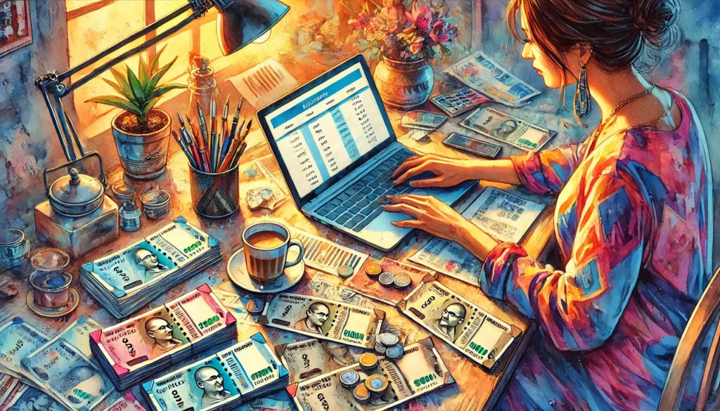 A vibrant watercolor painting in attention-grabbing colors showing a woman sitting at a desk with a laptop open in front of her. She is separating Indian rupee notes and bills into small stacks or envelopes for monthly expenses, deeply focused on financial planning.